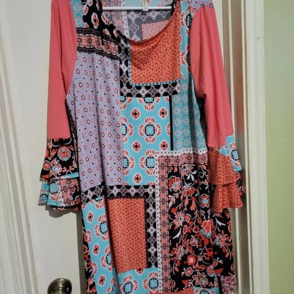 Dresses & Skirts - Emerald Floral and Geometric Dress with Pink and Blue Accents